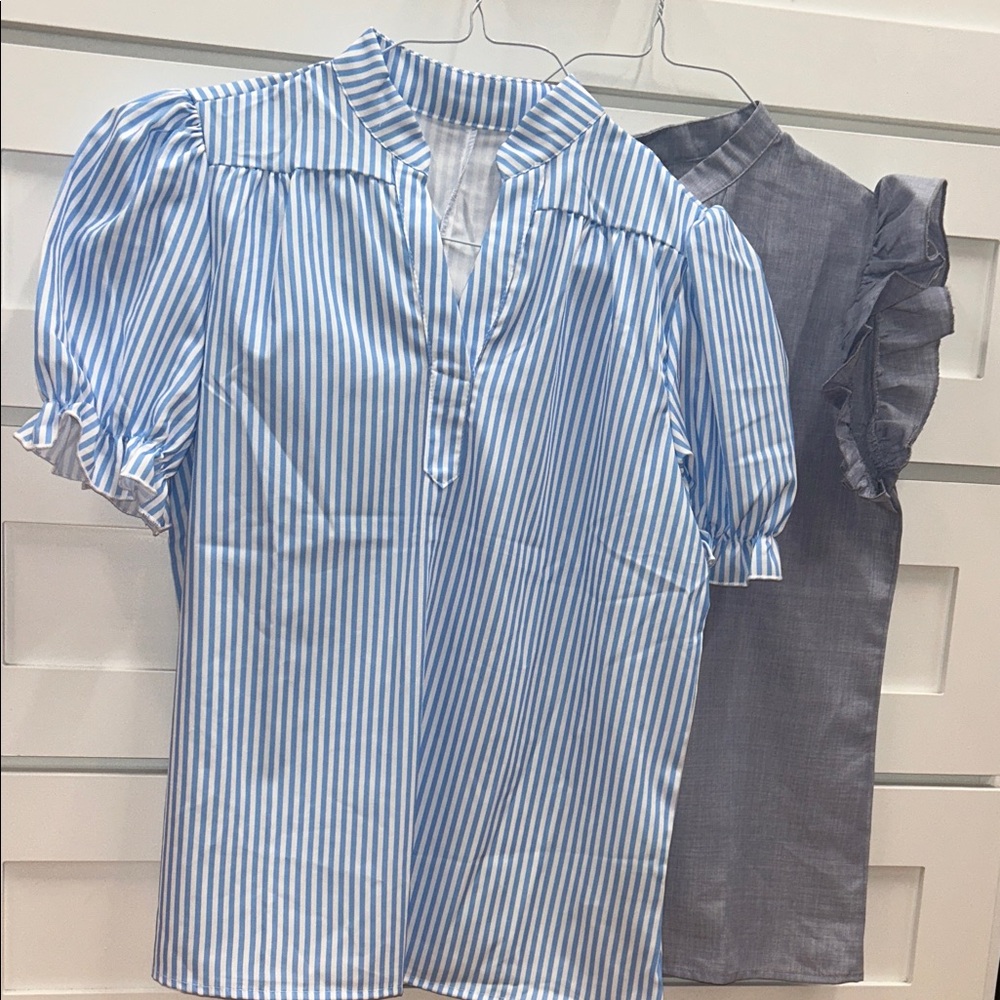 Blue and Gray Striped Blouse Set S (NWOT)
